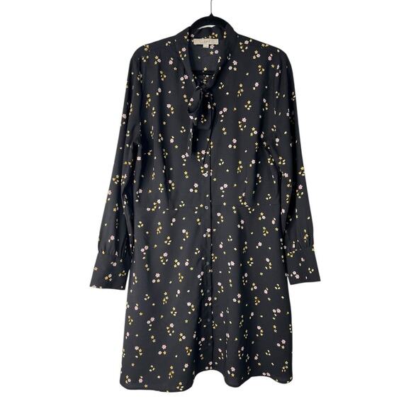 LOFT Dress Womens Size 14 Black Floral Tie Neck Button Front Long Sleeve Flare - Picture 1 of 14